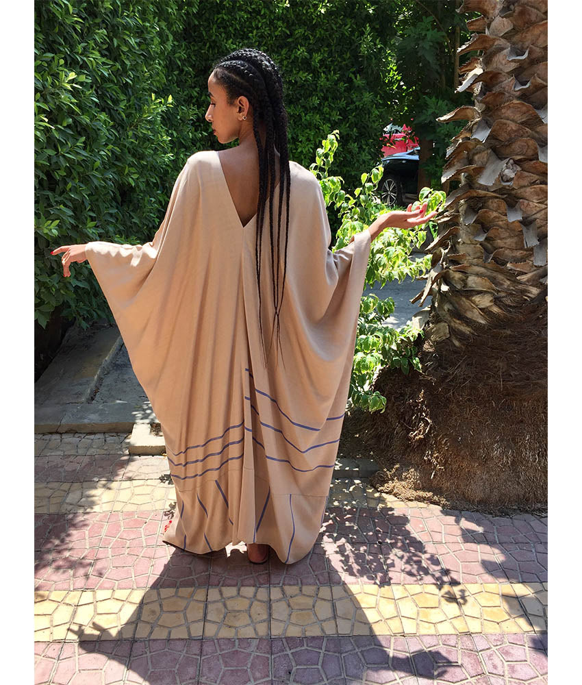 Beige & Blue Handwoven Viscose Long Kaftan Handwoven Viscose Top made in Egypt & available in Jozee boutique