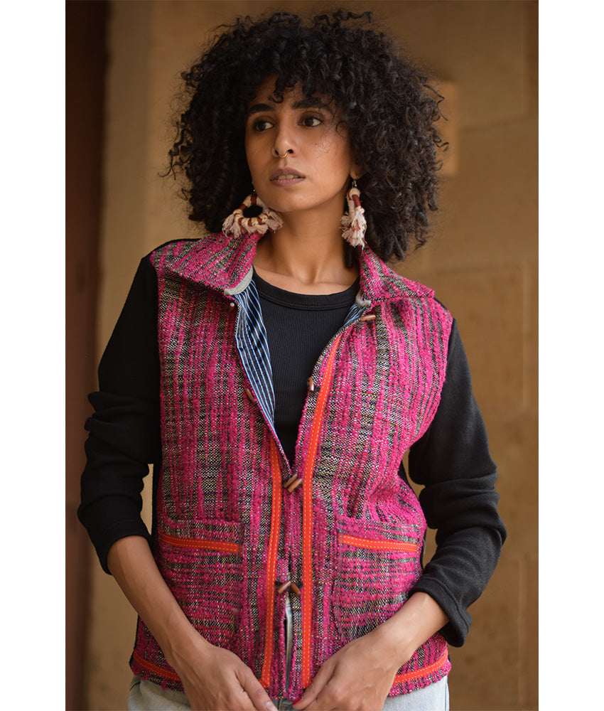 Black & Fuchsia Cropped Akhmim Loomwoven Jacket handmade in Egypt & available at Jozee Boutique.handmade in Egypt & available at Jozee Boutique.