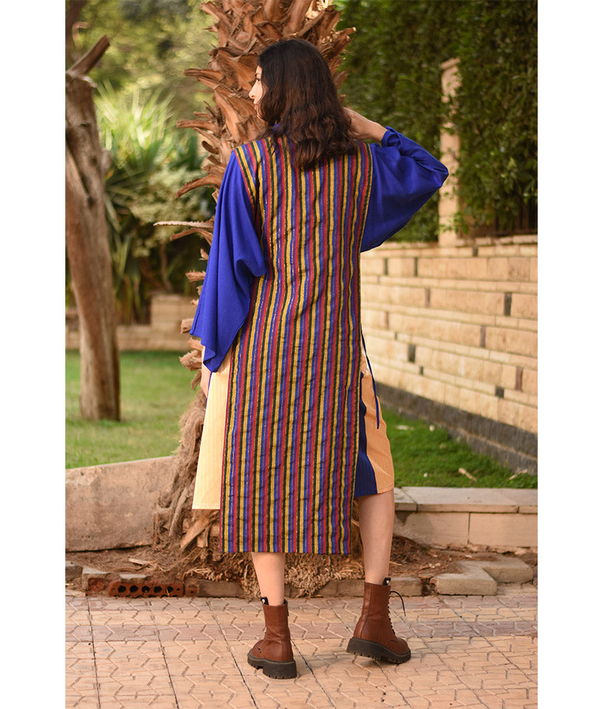 Electric Blue & Multicolored Silk & Cotton Loom Woven Long Sleeve Tunic handmade in Egypt & available at Jozee Boutique.