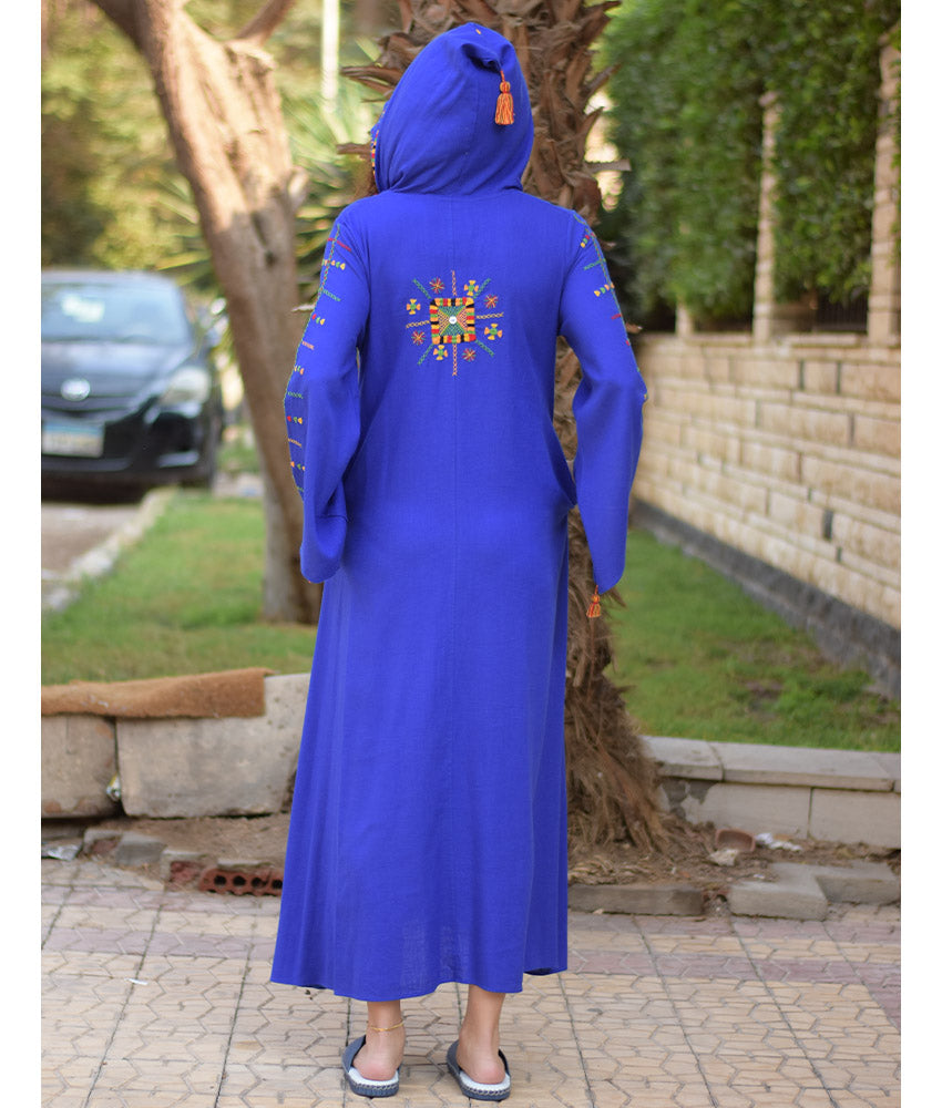 Electric Blue Siwa Heavily Embroidered Linen Dress with Hoodie handmade in Egypt & available at Jozee Boutique.