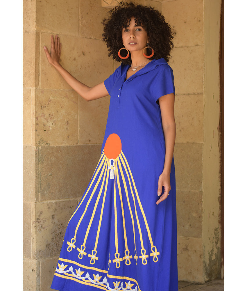 Electric Blue Linen Dress with Khyamia Ancient Egyptian Crafts Patchwork handmade in Egypt & available at Jozee Boutique.
