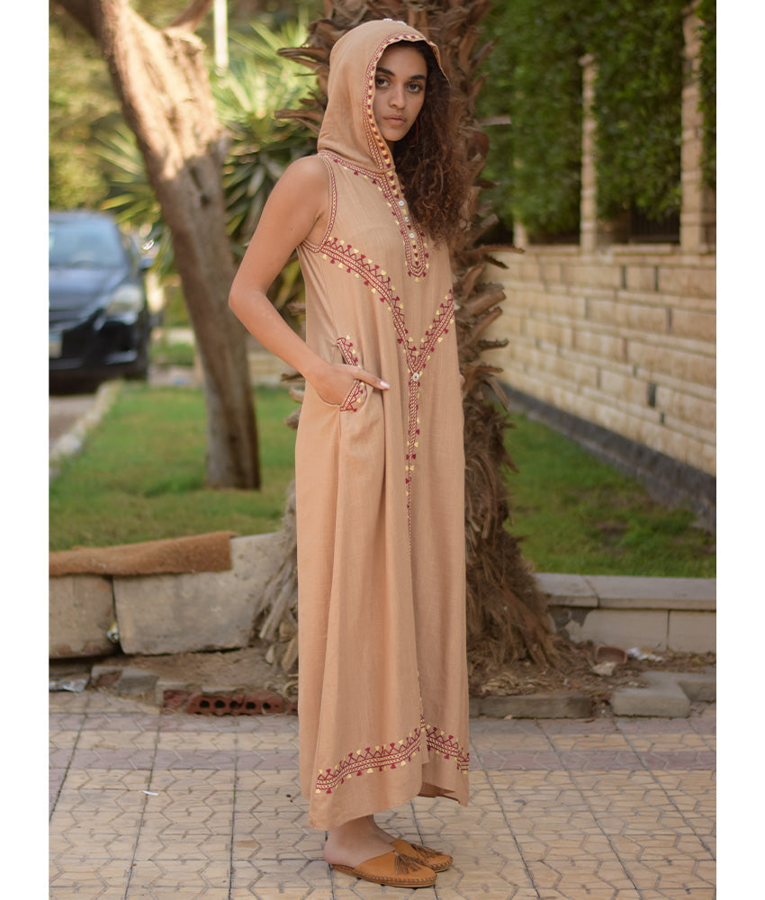 Dark Beige Siwa Embroidered Linen Dress with Hoodie handmade in Egypt & available at Jozee Boutique.