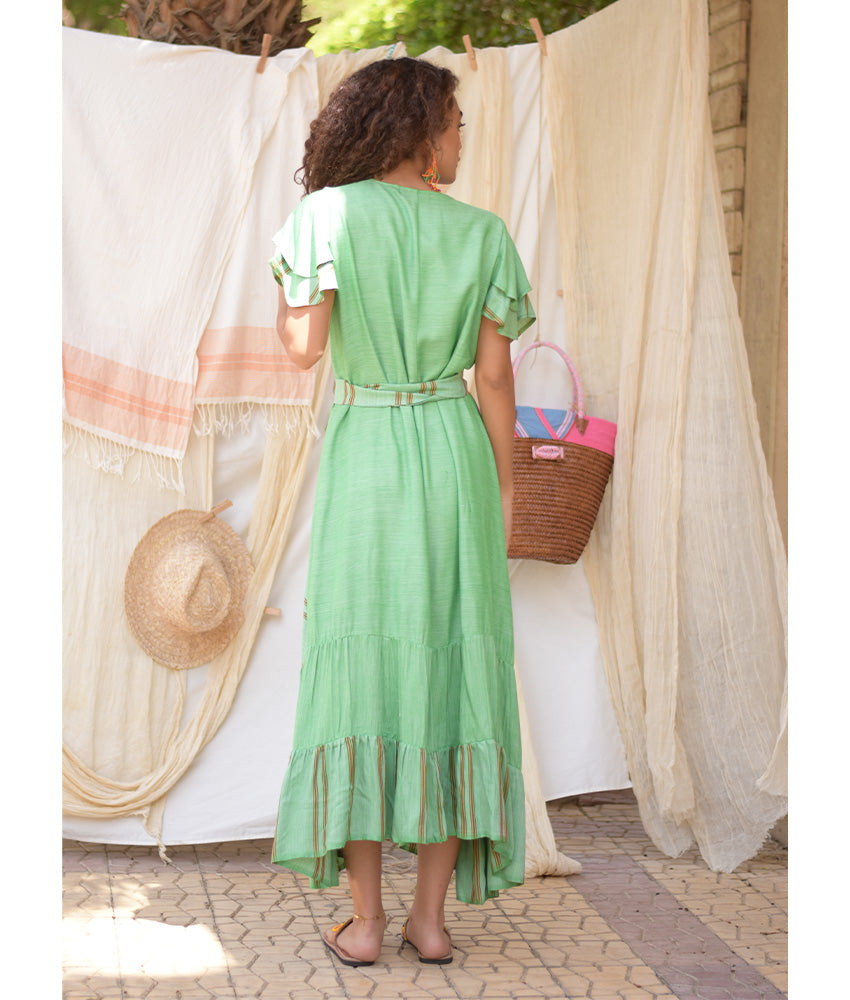 Green & Red Handwoven Spiral Dress handmade in Egypt & available at Jozee Boutique.