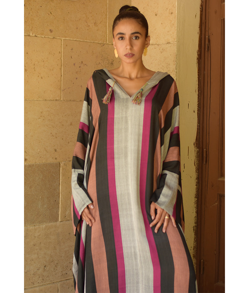 Multicolored Stripped Viscose Kaftan with Hoodie handmade in Egypt & available at Jozee Boutique.