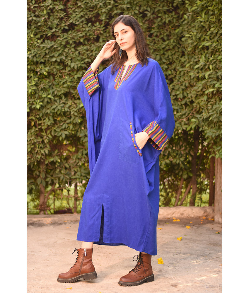 Electric Blue Linen Kaftan with Silk & Cotton Loom Woven Patches handmade in Egypt & available at Jozee Boutique.