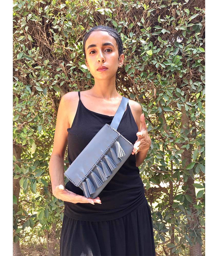 Light grey Genuine Leather waist Bag handmade in Egypt and available at Jozee Boutique.