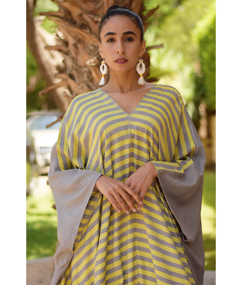 Yellow & Grey Handwoven Ruffle Kaftan handmade in Egypt & available at Jozee boutique