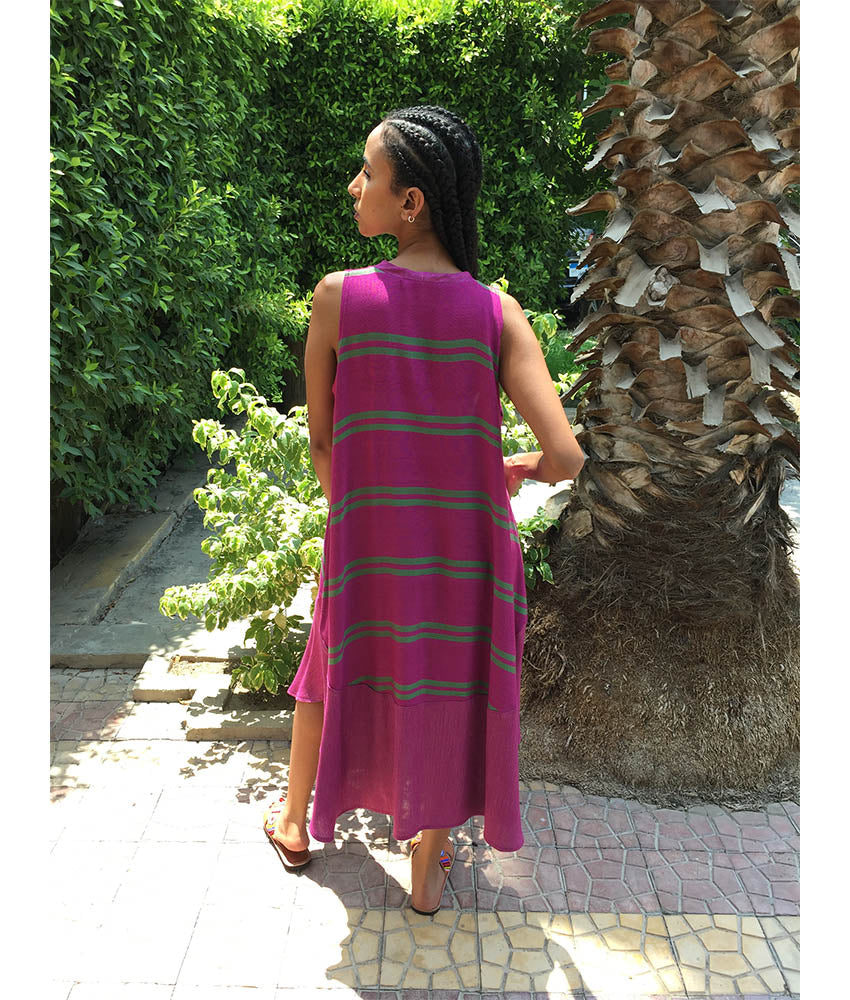 Purple & Green Viscose Midi Sleeveless Dress Handmade in Egypt & available in Jozee boutique