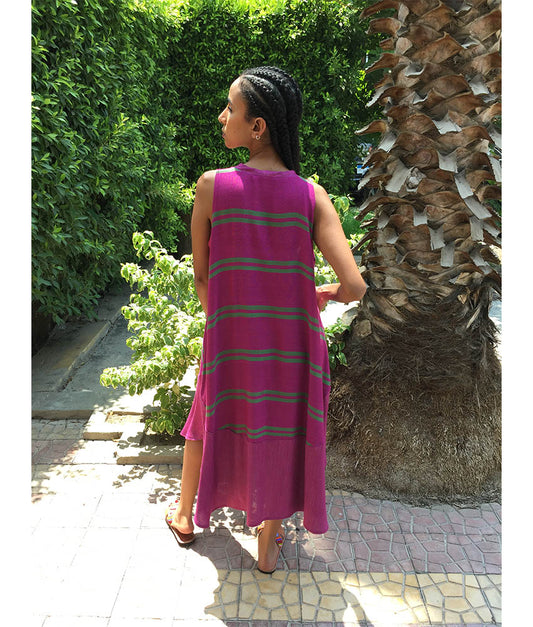 Purple & Green Viscose Midi Sleeveless Dress Handmade in Egypt & available in Jozee boutique