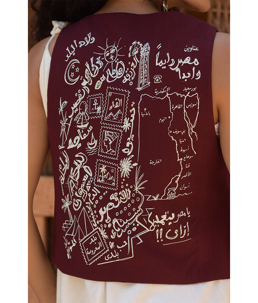 Burgundy El Mahrousa Linen Wrap Vest handmade in Egypt & available at Jozee Boutique.