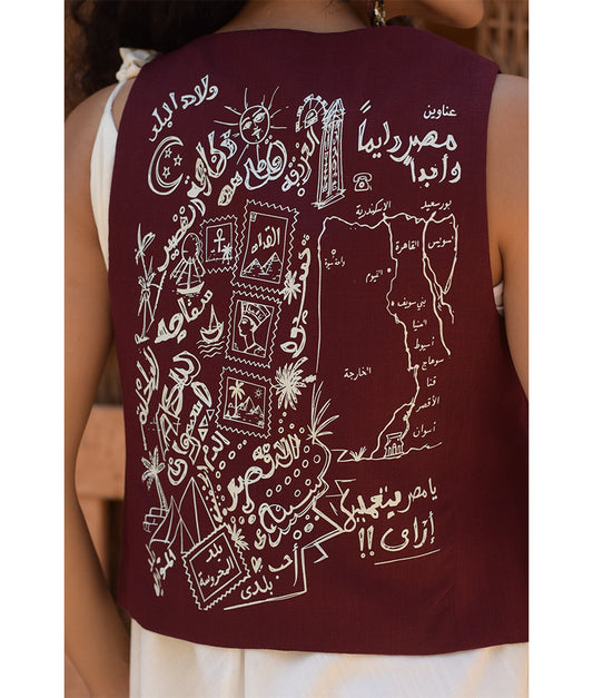 Burgundy El Mahrousa Linen Wrap Vest handmade in Egypt & available at Jozee Boutique.