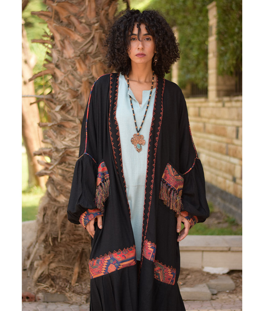 Black Linen Cardigan with Hand Embroideries handmade in Egypt & available in Jozee boutique