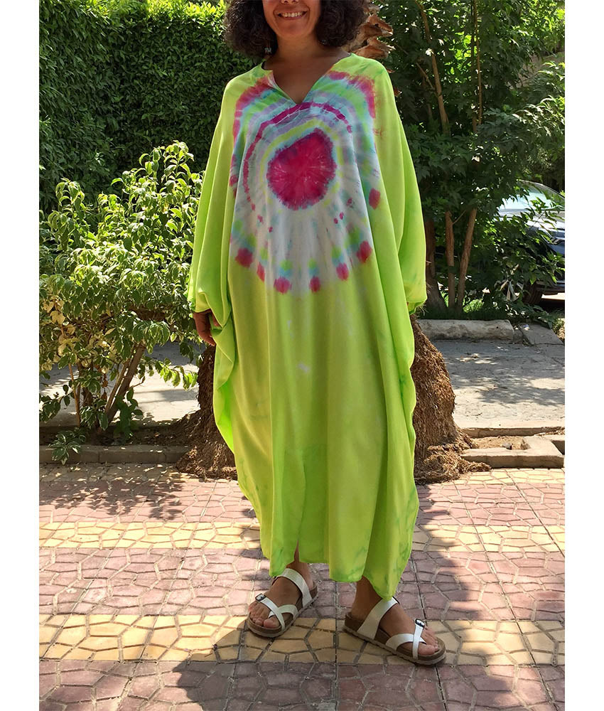 Lime Green & Pink Tie Dyed Kaftan handmade in Egypt & available in Jozee boutique