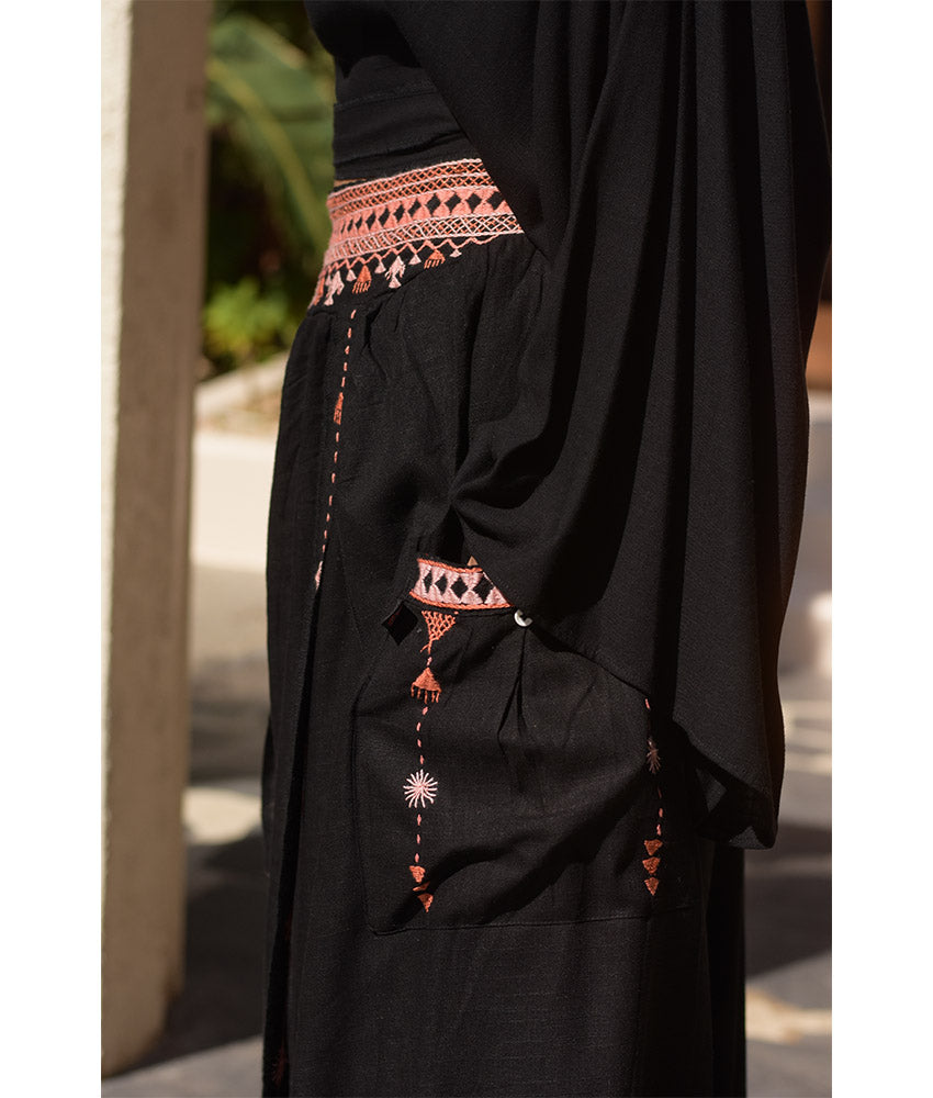 Black Siwa Embroidered Linen Slices Skirt handmade in Egypt & available in Jozee boutique