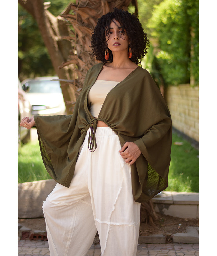 Olive green Linen Bolero made in Egypt & available at Jozee Boutique.