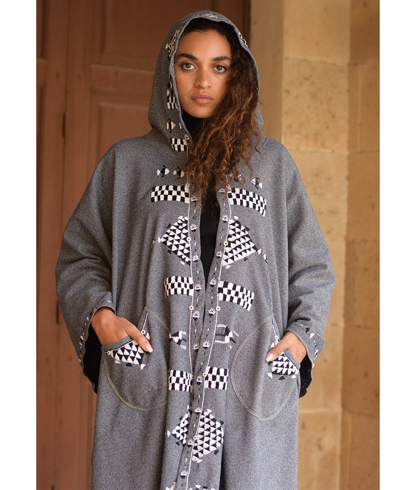 Grey Siwa Embroidered Wool Midi Cape handmade in Egypt & available at Jozee Boutique.