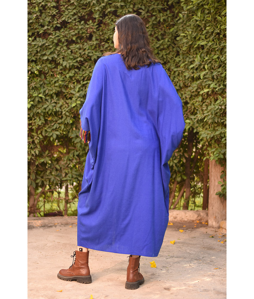 Electric Blue Linen Kaftan with Silk & Cotton Loom Woven Patches handmade in Egypt & available at Jozee Boutique.