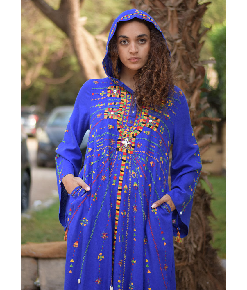 Electric Blue Siwa Heavily Embroidered Linen Dress with Hoodie handmade in Egypt & available at Jozee Boutique.