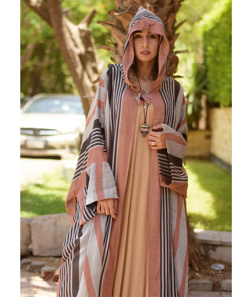 Multicolored Viscose Cardigan with Hoodie handmade in Egypt & available at Jozee Boutique.