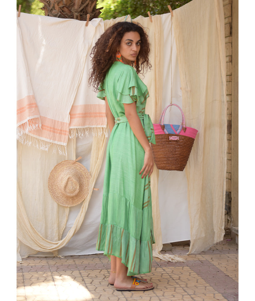 Green & Red Handwoven Spiral Dress handmade in Egypt & available at Jozee Boutique.