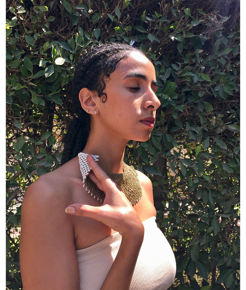 White & Gold Double Layer French Loom Beaded Necklace handmade in Egypt & available at Jozee Boutique.
