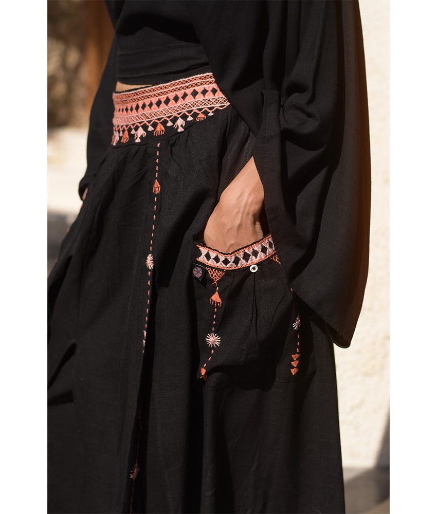Black Siwa Embroidered Linen Slices Skirt handmade in Egypt & available in Jozee boutique