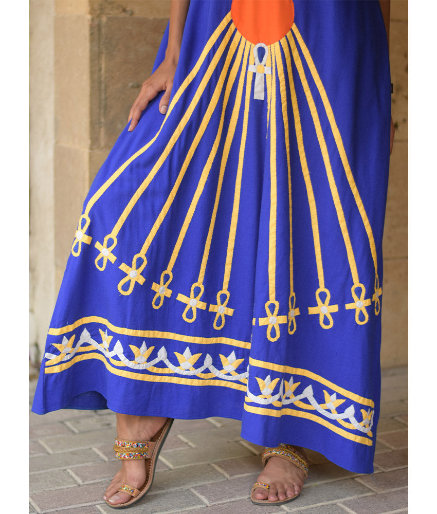 Electric Blue Linen Dress with Khyamia Ancient Egyptian Crafts Patchwork handmade in Egypt & available at Jozee Boutique.