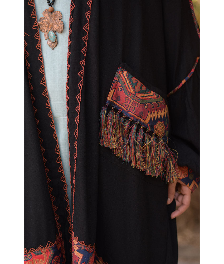Black Linen Cardigan with Hand Embroideries handmade in Egypt & available in Jozee boutique