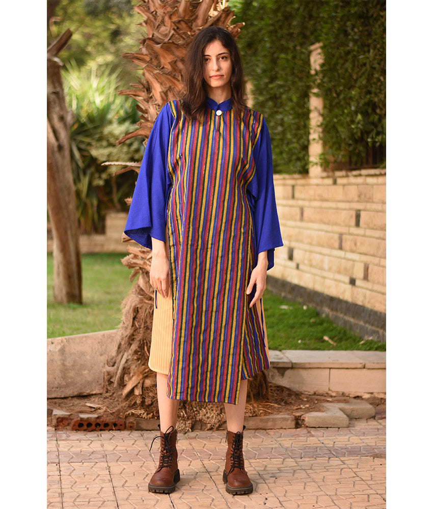 Electric Blue & Multicolored Silk & Cotton Loom Woven Long Sleeve Tunic