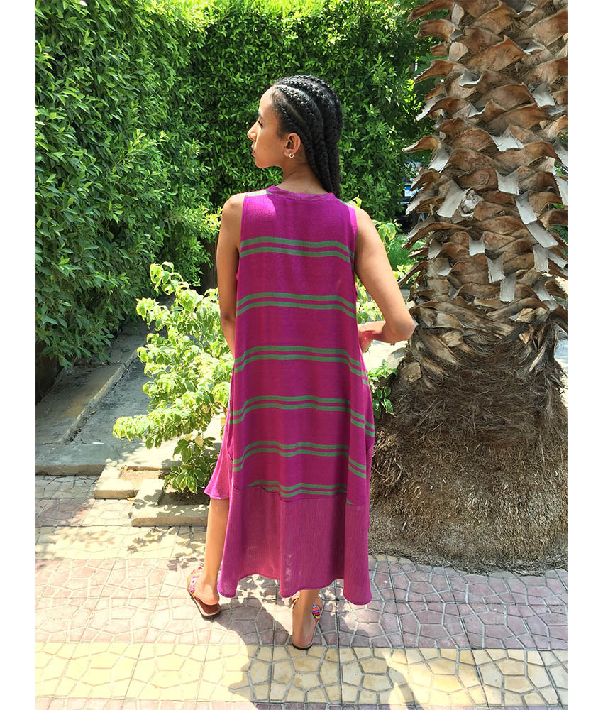 Purple & Green Viscose Midi Sleeveless Dress Handmade in Egypt & available in Jozee boutique