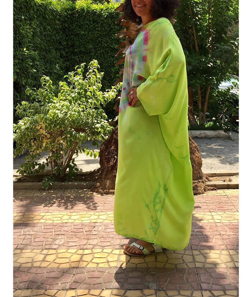 Lime Green & Pink Tie Dyed Kaftan handmade in Egypt & available in Jozee boutique