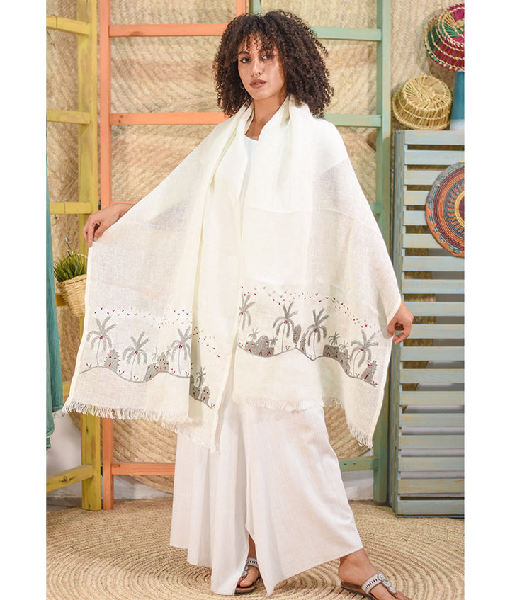 White Embroidered Linen Shawl handmade in Egypt & available at Jozee Boutique