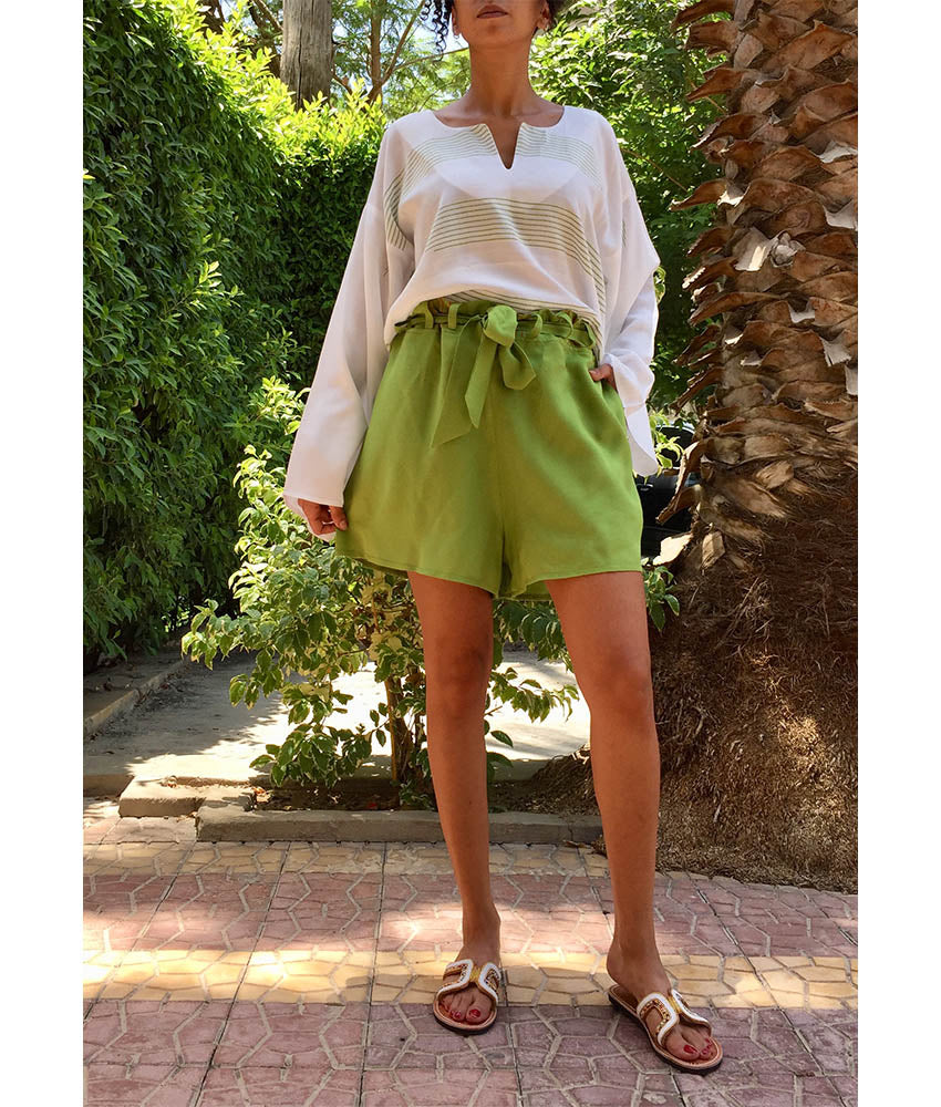 Apple Green Adjustable Viscose Shorts handmade in Egypt & available in Jozee boutique