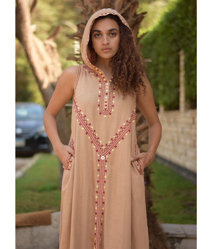 Dark Beige Siwa Embroidered Linen Dress with Hoodie handmade in Egypt & available at Jozee Boutique.