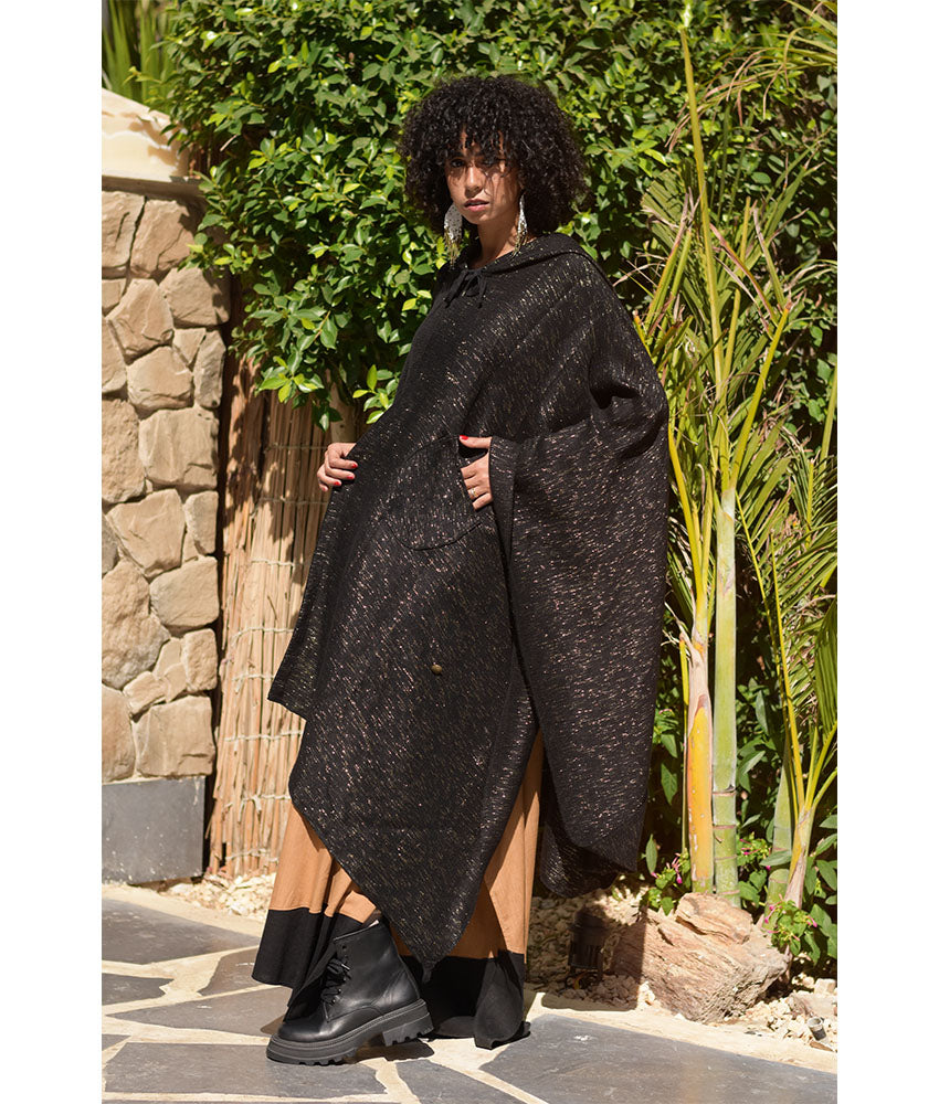 Black & Gold Handwoven Heavy Cotton Midi Cape handmade in Egypt & available at Jozee Boutique.handmade in Egypt & available at Jozee Boutique.