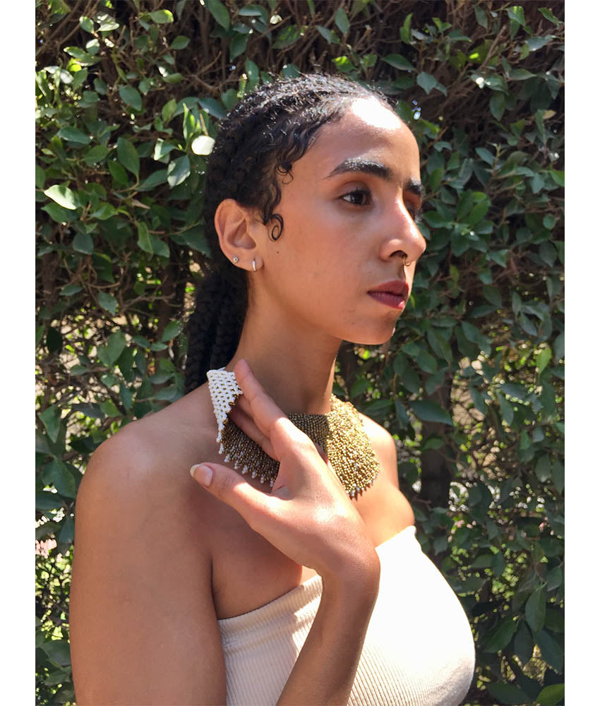 White & Gold Double Layer French Loom Beaded Necklace handmade in Egypt & available at Jozee Boutique.