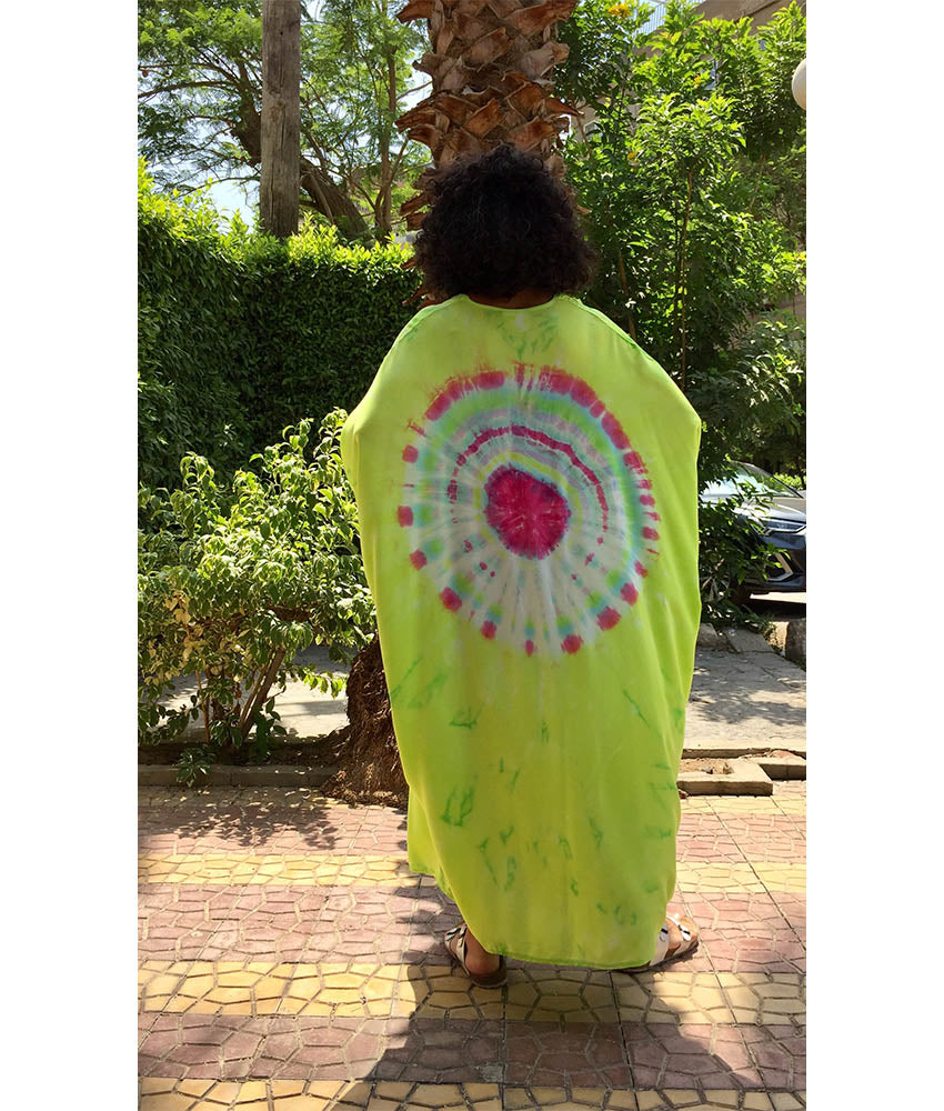Lime Green & Pink Tie Dyed Kaftan handmade in Egypt & available in Jozee boutique
