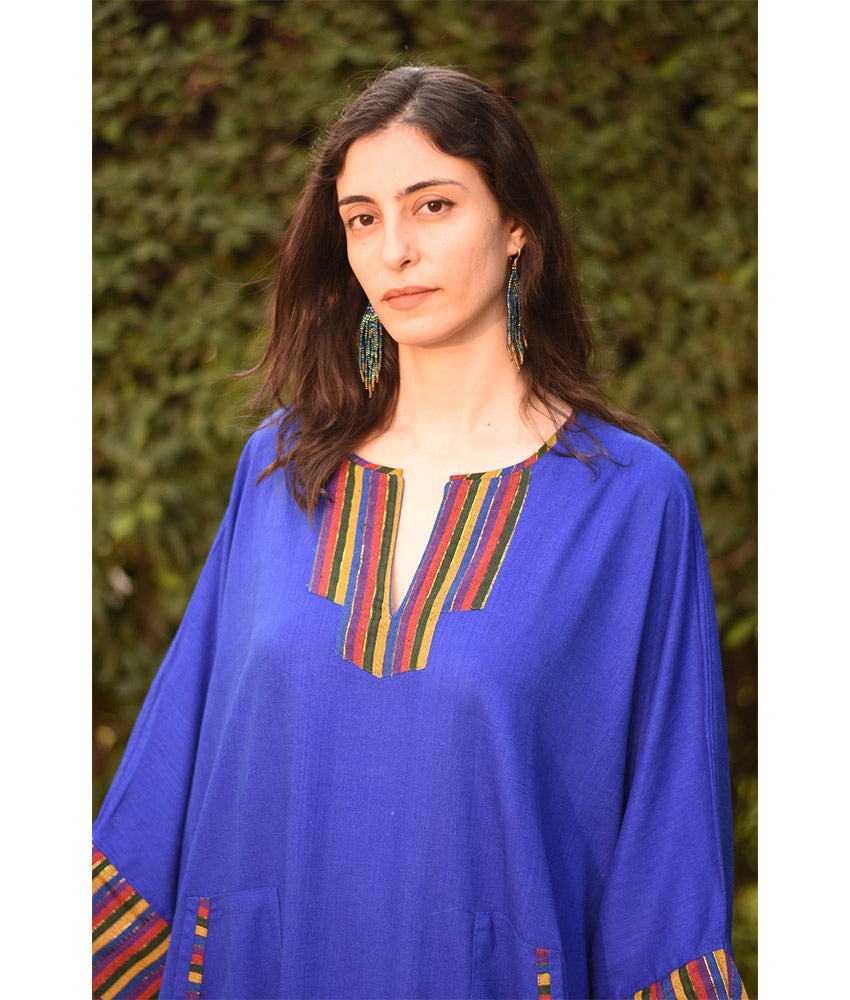 Electric Blue Linen Kaftan with Silk & Cotton Loom Woven Patches handmade in Egypt & available at Jozee Boutique.
