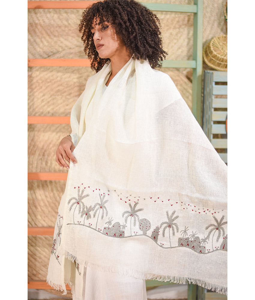 White Embroidered Linen Shawl – Baddara