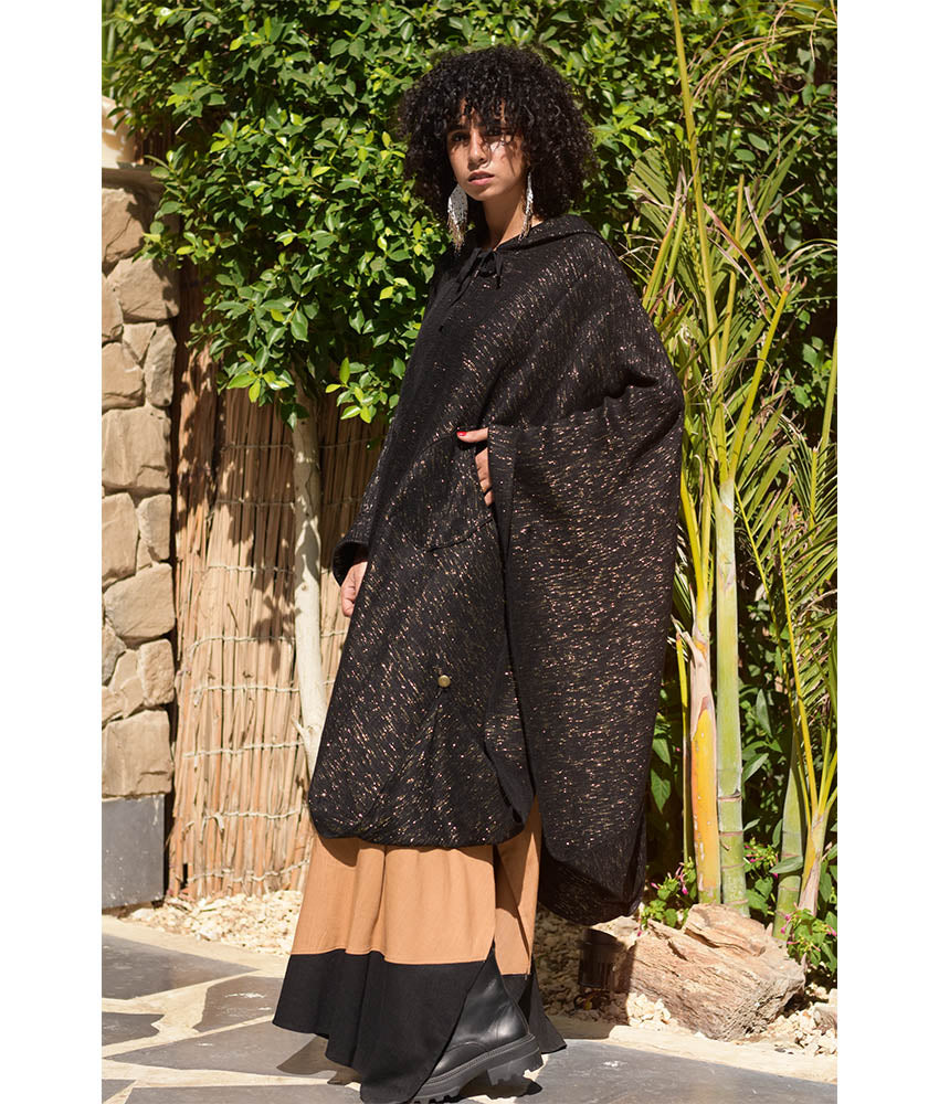 Black & Gold Handwoven Heavy Cotton Midi Cape handmade in Egypt & available at Jozee Boutique.handmade in Egypt & available at Jozee Boutique.