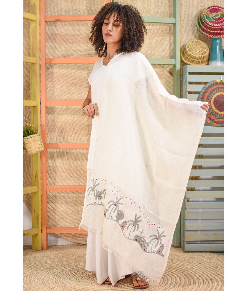White Embroidered Linen Shawl handmade in Egypt & available at Jozee Boutique