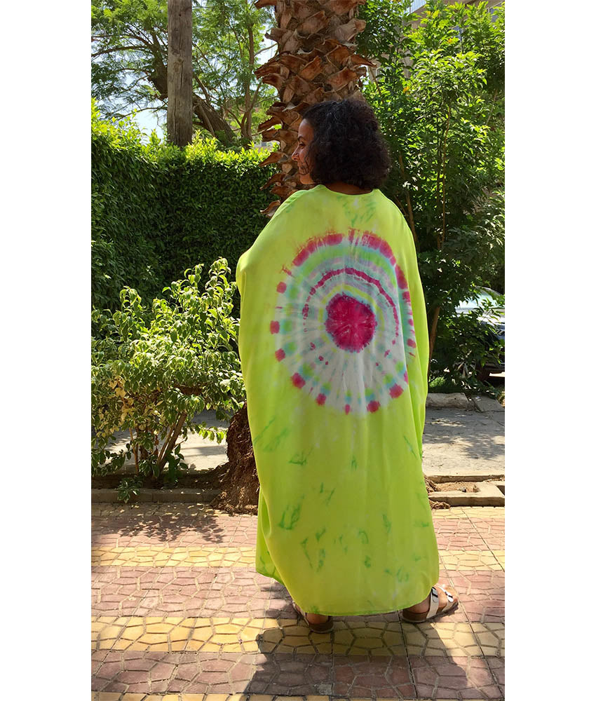 Lime Green & Pink Tie Dyed Kaftan handmade in Egypt & available in Jozee boutique