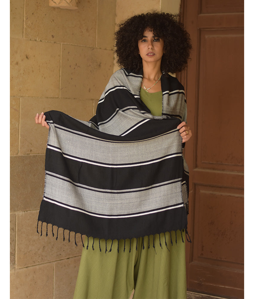 Black & Light grey Viscose Shawl with Fringes handmade in Egypt & available at Jozee Boutique.handmade in Egypt & available at Jozee Boutique.