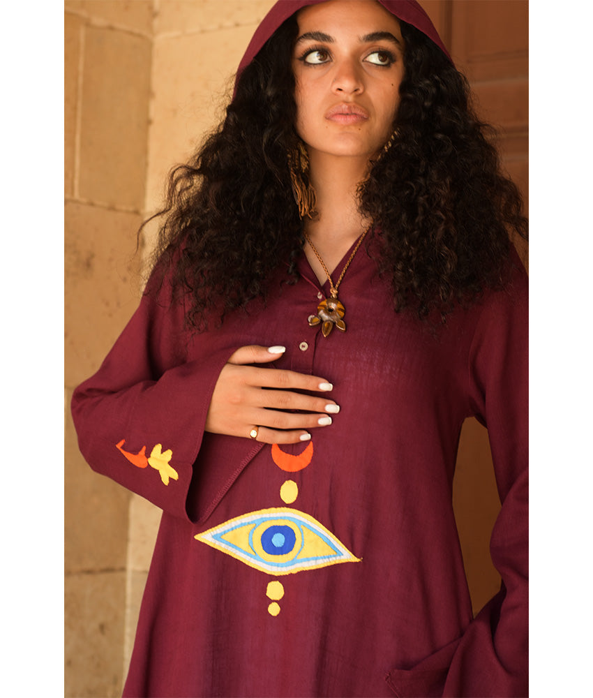 Burgundy Linen Dress with Khayameya Ancient Egyptian Crafts Patchwork