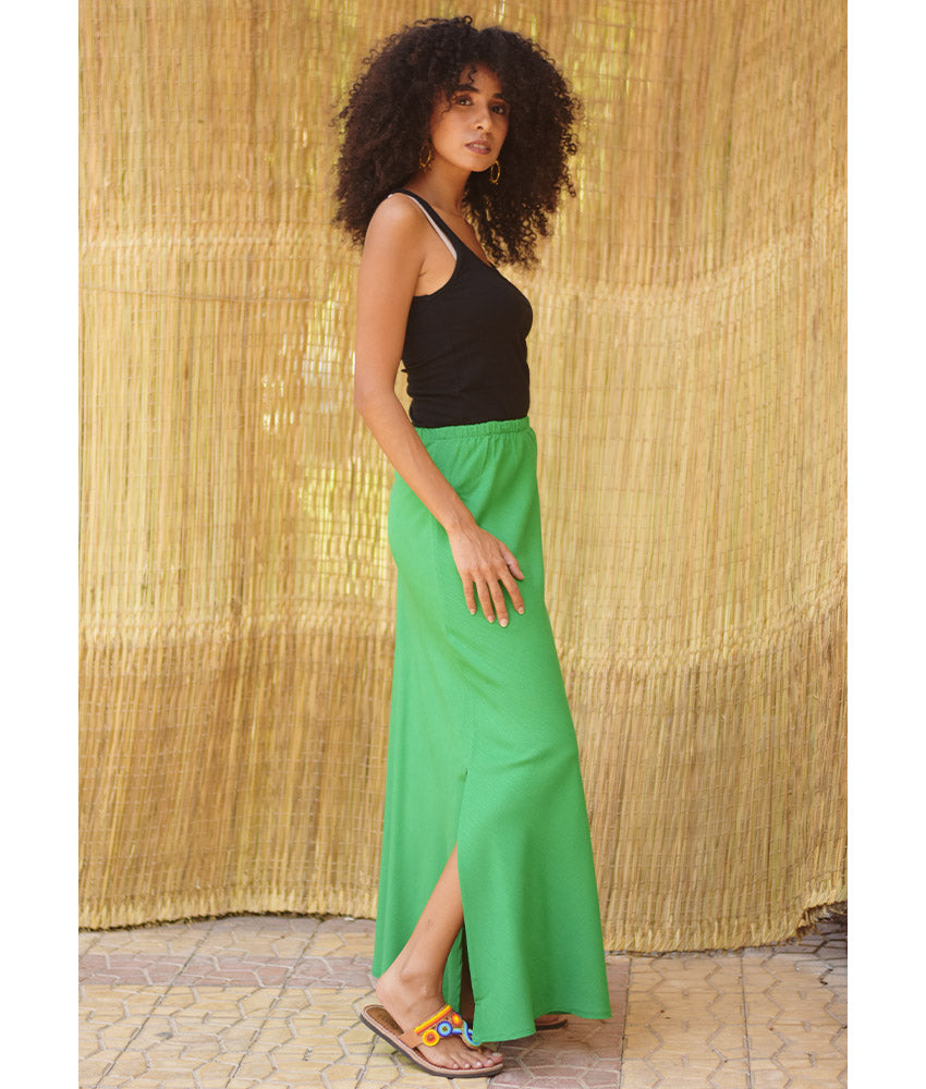 Green Linen Side-Slit Skirt with Elastic Waistband