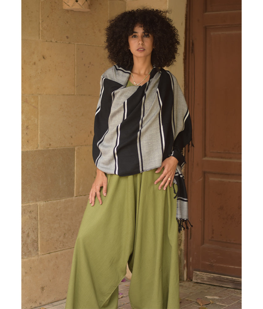 Black & Light grey Viscose Shawl with Fringes handmade in Egypt & available at Jozee Boutique.handmade in Egypt & available at Jozee Boutique.