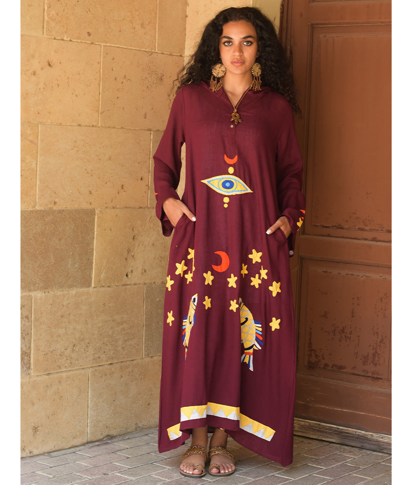 Burgundy Linen Dress with Khayameya Ancient Egyptian Crafts Patchwork