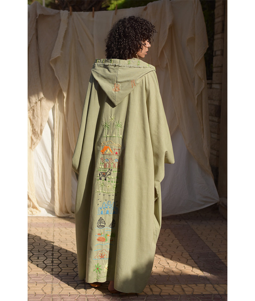 Light Olive Hand Embroidered Linen Kaftan with Hoodie handmade in Egypt & available at Jozee Boutique.