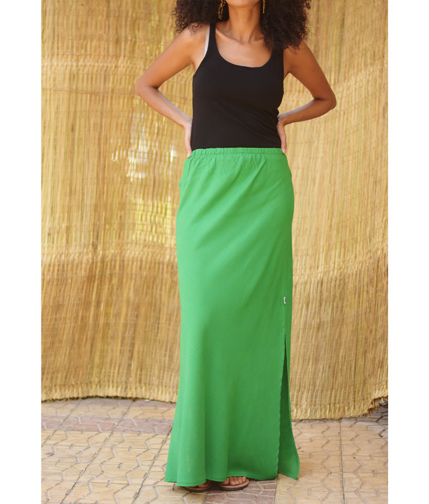 Green Linen Side-Slit Skirt with Elastic Waistband