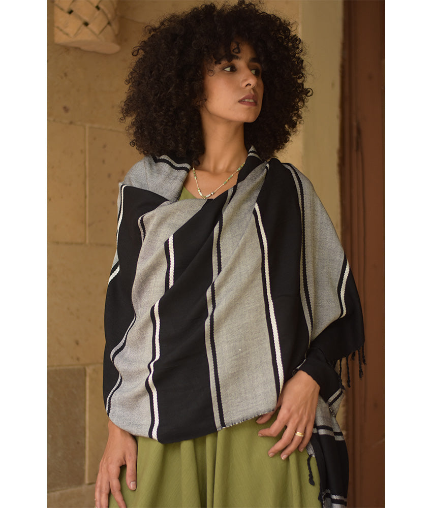 Black & Light grey Viscose Shawl with Fringes handmade in Egypt & available at Jozee Boutique.handmade in Egypt & available at Jozee Boutique.
